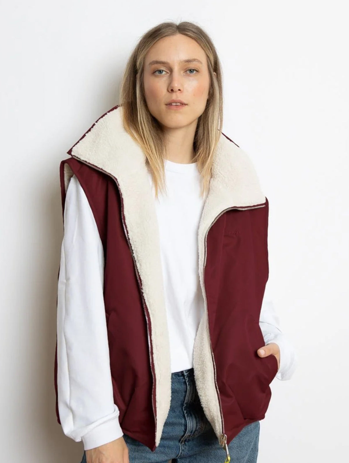 Reversible Bomber Vest - Wine Red/Sand